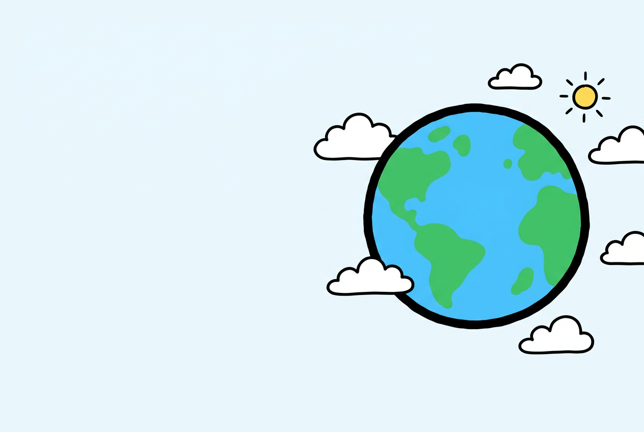 Hand-drawn blue and green world surrounded by clouds and sunshine